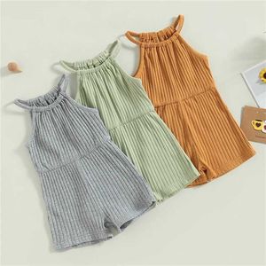 Jumpsuits Summer Baby Kid Girls Jumpsuit For Newborn Toddler Sleeveless Ribbed Solid Short Playsuits Children Overalls for Casual Clothes Y240520GXXJ