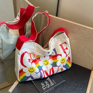 Little Fresh Canvas Bag for Women 2024 Gentlewoman New Rainbow Sunflower Shoulder Bag Fashion Tygväska 240520