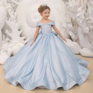 Flower Girl Dresses Sky Blue Satin With Big Bow Off Shoulder Long Skirt For Wedding Birthday Banquet Princess Gowns 240517