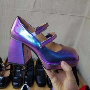 Real 2024 Lady Patent Leather Sexy Ladies Dress Shoes 8.5cm Chinky High Heel Platform Sandals Square Toes Marry Jane One-Line Buckle WeddingPa Aed