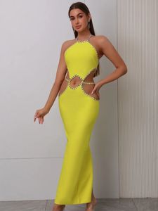 Kvinnor Celebrity Sexy Backless Halter Beading Maxi Long Lemon Yellow Bandage Dress Elegant Evening Club Party 240513