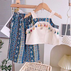 Clothing Sets Girls Set 2023 Summer New Girls Geometric Print Camisole Top+Pants Two Piece Girls Childrens Fashion Clothing Y240520RNOY