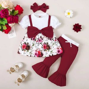 Kläder sätter 3st kläder set småbarn flicka kortärmad kjol topp med bow+blossed byxor+huvudkläder mode härlig outfit för barn 1-3 år y240520ptjd