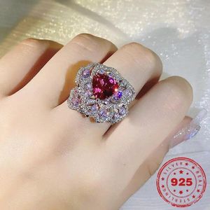 Cluster Rings HOYON 925 Silver Color Ruby Women's Ring Zircon Pink Diamond Jewelry Flower Engagement Wedding Gift Box