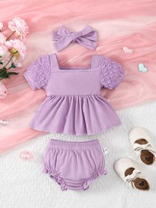 Zestawy odzieży Trzyczęściowe Baby Girls Fashion Kolor Bubble Kwadratowa sukienka na ramię krótkie rękawie Szorty