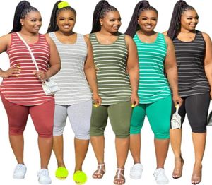 Frauen plus Größe XL5XL Sport zweiteiliger Set Tracksuit Striped Tanktops Knie Länge Joggeranzug Jogginghose Matching Set7666566