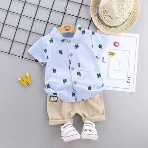 衣料品セットベイビーと幼児の夏夏のフルプリントサボテンパターン半袖ショーツセットアウトドアスタンドアップカラーシャツスタイリッシュでスタイリッシュなJ240518