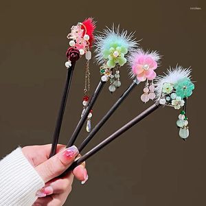 Hair Clips Vintage Wood Flower Tassel Stick Women Girl Antique Hanfu Pins Hairpin Chinese Style Headdress Accessories