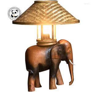 Tischlampen Elefantenlampe Retro Südostasien Holzschnitzung E27 Rattan Lampenschatten handgefertigt Bambus gewebt Zen Room Home Decor Schreibtisch Leuchten