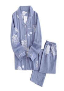 Färska pyjamas sätter kvinnor 100 Gaze Cotton Japanese Summer Long Sleeve Casual Sleepwear Women Simple Bear Pyjamas 2201158489968