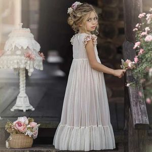 Vestidos de menina vestido de flor de flor rosa retrô com renda duas peças Princess aniversário festa de casamento menina vestido de comunicação infantil fofa d240520