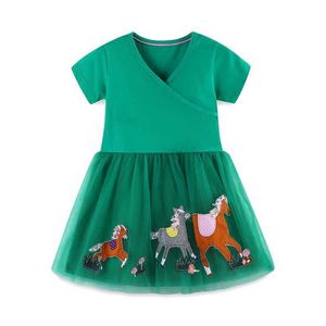 Flickans klänningar Jump Meter 2-7T Horse Sticker Princess Green Dress Summer Short Sleeved Baby Girl Costume Party Frog Net Children D240520