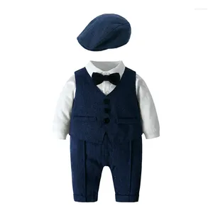Kläder sätter England Style Children's Boys Cotton Long Sleeve Rompers Vest Hat 3 PCS Spring Autumn Kids kläder outfit 1-3 år