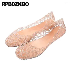 Sandaler Kvinnor geléskor Bur Stängt Ted Transparent Gold Silver Pink Cutwork Flat Slip on Ventilate Solid Round Toe Antiskid