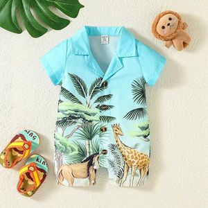 Jumpsuits 0-24M Baby Boys Romper Jumpsuit Infant Summer Clothing Toddler Holiday Animal Print Short Sleeve Buttons Lapel Playsuit OVeralls Y2405203VE7