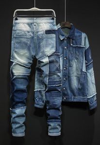 2022 TRACKSUITS PERSONALITY BLUE MEN039S SETTS Mixed Colors Spliced ​​Loose Denim Two Piece Set Long Sleeve Single Breasted Jacket5865032