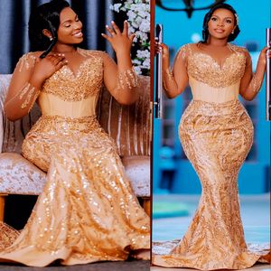 Aso Ebi 2024 Gold Illusion Mermaid Prom Dresses Sheer Neck Sequined Evening Party Formal Second Reception Birthday Enagement Thanksgiving Dress Gowns LF062