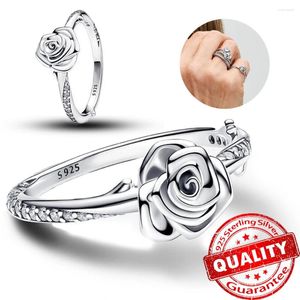 Ringos de cluster autênticos 925 Sterling Silver Rose in Bloom Ring Women Women Party Anniversary Retro Flower Jewelry Acessórios