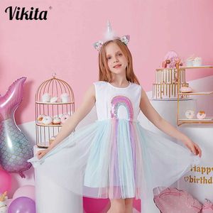 Girl's Dresses VIKITA Childrens Sleeveless Girl Dress Rainbow Sequin Dress Childrens Summer Cotton Mesh Thin Mesh Patch Work Dress Childrens Clothing d240529