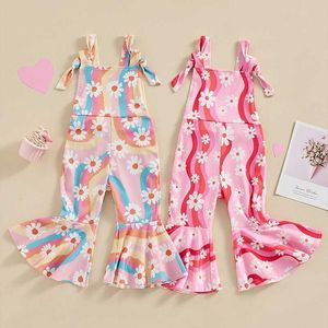 Jumpsuits Kids Girl Bell Bottom Jumpsuit For Girl Cute Daisy Print Square Neck Sleeveless Tie Up Romper Overalls Infant Baby Clothing Y2405205A2K