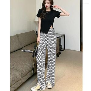 Frauenhose Schwarz -Weiß -Kontrastfarbe Herbst High Taille Koreanische Mode Freizeit Vintage Kleidung Gerade geteilte Flare Hosen