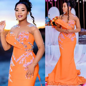 ASO EBI 2024 LACE Orange Mermaid Prom Vestres de Cristais Minchados Partem da Evening Formal Segunda Recepção Aniversário Dress Vestidos de Ação de Graças LF065