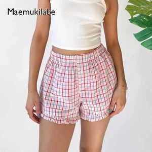 Frauen -Shorts Maemukilabe Plaid Print Pyjama Elastic Lose Fit Button Lounge Kawaii Rüschen Boxer Fairy Y2K Streetwear
