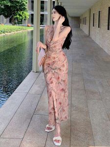 Summer Long High Waist Bandage Evening Party Dresses Pink Sexy Halter V Neck Print Wrap Sundress Vacation Clothes For Women 2023