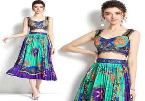 Drop The New New Summer Fall 2pcs Sets Women Green Green Floral Print Casual Fashion Demprament Craps Top Bar Beach Mid319091