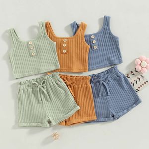 Summer Toddler Girls Outfit Clothes Set Solid Color Button Vest + Ribbed DrawString Shorts Baby Children Clothing L2405 L2405