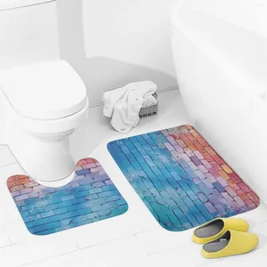 Bath Mats Bathroom Rugs Sets 2 Piece Colorful Brick Wall1 Absorbent U-Shaped Contour Toilet Rug