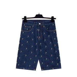 Designer Loose Denim Shorts With Gold Letter Embroidery of 100% Pure Cotton Classic Blue Jeans Logo Full Print Fit Elastic Minimalist Men Denim Shorts