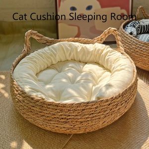 Four Seasons Cat Bed Woven Borttagbar klädsel Sleeping House Cat Scratch Floor Rattan Washable Cats Pet Products Accessories 240516