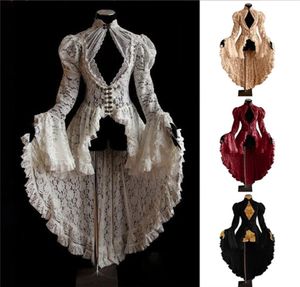 Kvinnor vintage spets viktoriansk klänning lång flare ärm gotisk lång svans veckade ihåliga klänningar halloween retro klänning cosplay 2203607471