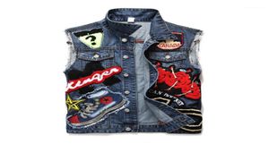 Denim Vest Men Embroidery Patchwork Slim Jeans Waistcoat Biker Vest Homme Sleeveless Jacket Coat 2018 Men Clothes Drop 18026766