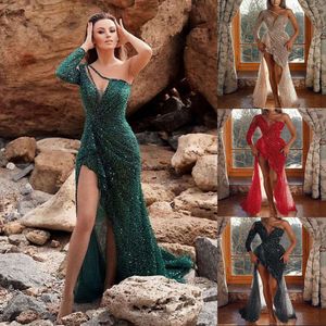 2024 Women's Fashion Fantasy Celebrity Party Quality Sexig High Split Long Sleeve Sequin Banket Evening Dress