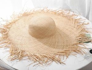 手作りの織り100ラフィアサンハット女性用15cmの広い幅の広い麦わら帽子屋外ビーチハット夏のキャップチャペウフェミニノY200719520454
