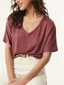 Women's T Shirts Linen Women V-Neck Thin T-Shirt Short-Sleeved Summer Solid Color Ladies Fashion Stamping Loose Tshirt Tops