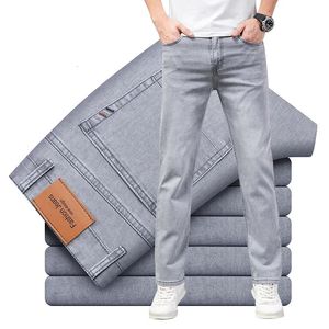 Letnie cienkie męskie elastyczne bawełniane dżinsy mody szary komfortowy biznes proste swobodne spodnie marka samce ubrania 240513