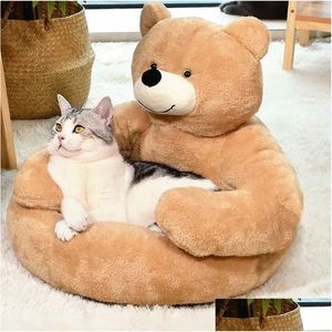 Kennels Pens Super Soft Dog Bed Cute Winter Warm Bear Hug Cat Slee Mat Semi-Closed Puppy Kitten P Nest Cushion Sofa Pet Supplies Dr Dhec6