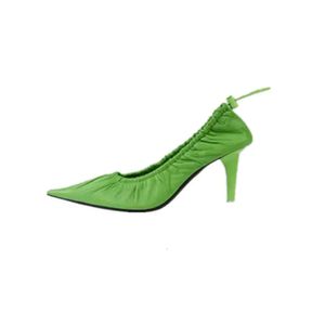 Ladies 2024 women Genuine real leather high heels Dress Shoes Pumps Fold Pleated sandals summer Casual pillage toe piont sweet party wedding G 094