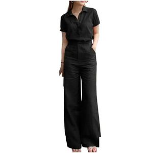 Dwuczęściowe spodnie kobiet 2pcs/zestaw Koszulka Koszulka Lapel z krótkim rękawem, szeroka noga luźna dama wysoka talia Trous DHL0X