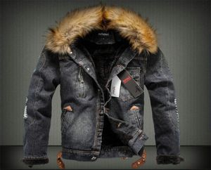 Mens päls krage tjock denimjacka retro rippade varm fleece jeans jacka vinter casual pock parkas för manlig yf276933986