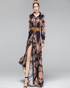 2019 Women's Dresses Turn Down Collar Long Sleeves Printed Sexy Split Fashion Maxi Designer Casual Dresses5205695