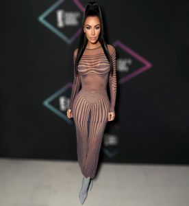 Mysterious Kim Kardashian Sinuous Stripe Print Sexy Dress Sheer Mesh Long Sleeve Back Slit Maxi Bodycon Dress For Women Vestidos M9263326
