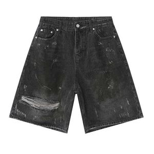 Men's Shorts Hi Street vintage torn denim shorts loose washed summer jeans suitable for mens black hip-hop Q240520
