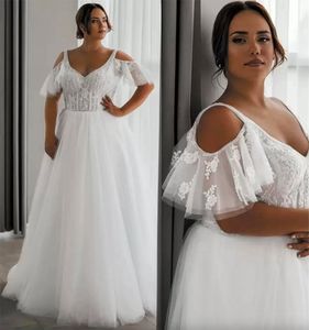 흰색 플러스 사이즈 웨딩 드레스 라인 섹시 V 목 끈 어깨에 닿는 신부 가운 코르셋 뒤로 스위프 트레인 레이스 결혼식 드레스