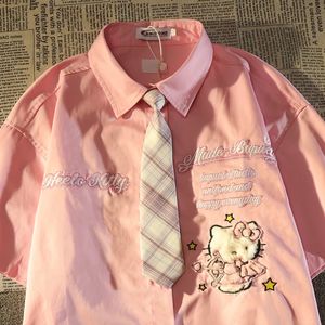 Polo krage söt kitty katt broderad kortärmad skjorta kvinnlig sommar college stil design sense nisch lös topp kvinnors t-shirt