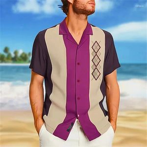 Herren-Gelegenheitshemden Hawaiian Shirt Geometrische kubanische Kragen Purpur 3D Printed Kurzarm Fashion Beach T-Shirt