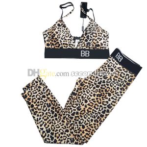 Leopard Print Tracksuit Women Yoga Crop Top Letters Webbing Sport Leggings Summer Gym Wear